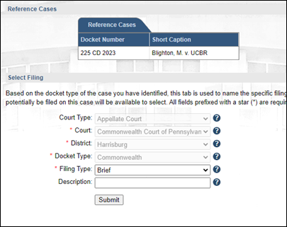 The Select Filing screen in the Case Filing wizard.